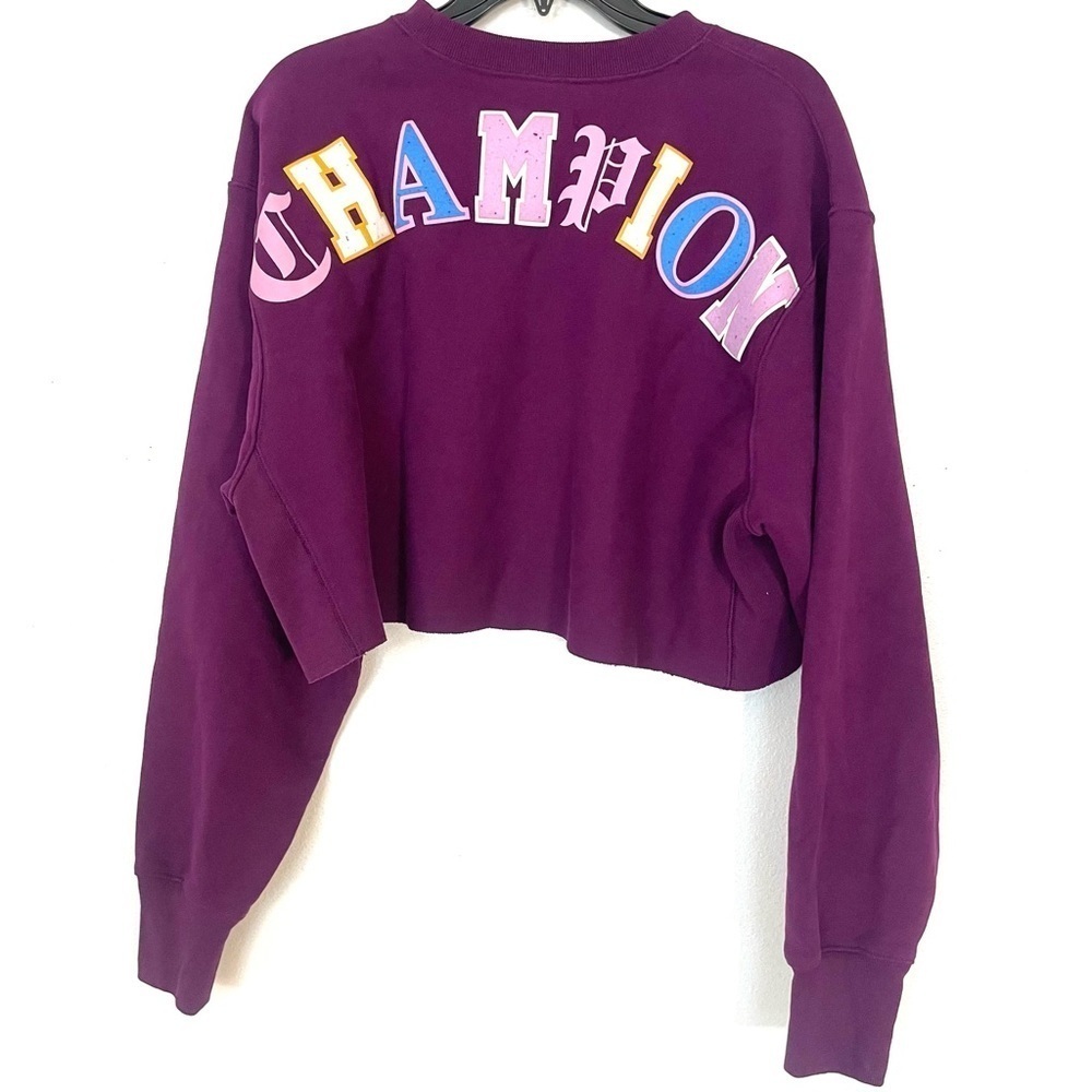 Champion Reverse Weave Crop Cut Off Sweatshirt Spellout Purple Size L STAINED